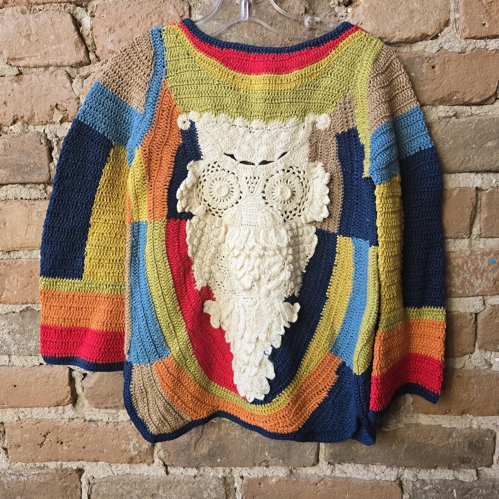 Native Funk and Flash, Owl Sweater, Crocheted, NWT, Colorful and Fun